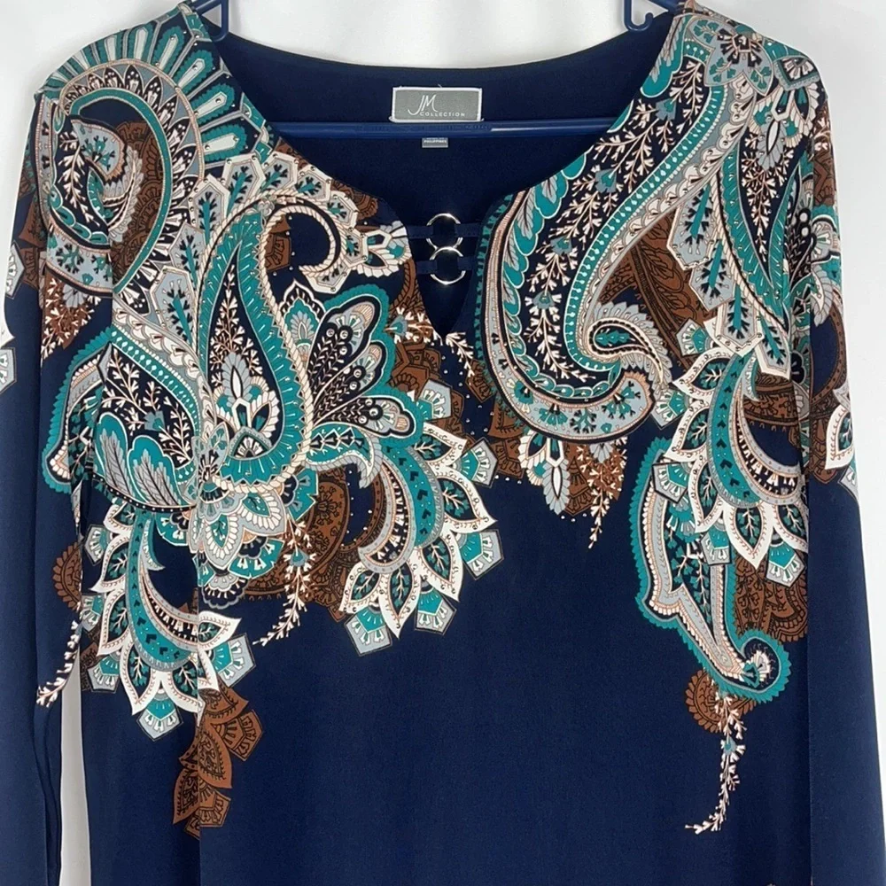 JM Collection 3/4 sleeve studded tunic boho chic Sz M